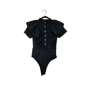 Futuristic Black Ruffled Button-Front Short Sleeve Bodysuit Size M